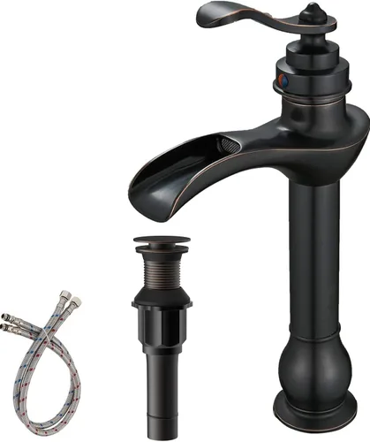Miniatura 10 de BWE Grifo de Lavabo Tipo Vasija Negro Mate Cascada de Un Solo Orificio con Manija y Tapón de Desagüe Pop-Up Ensamblaje y Manguera de Suministro