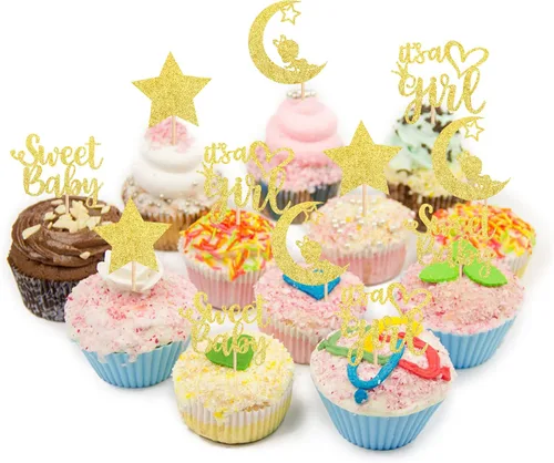 Miniatura 4 de 36 piezas de decoración para cupcakes con diseño de luna con purpurina de luna y estrella para revelación de género de bebé, baby shower, fiestas