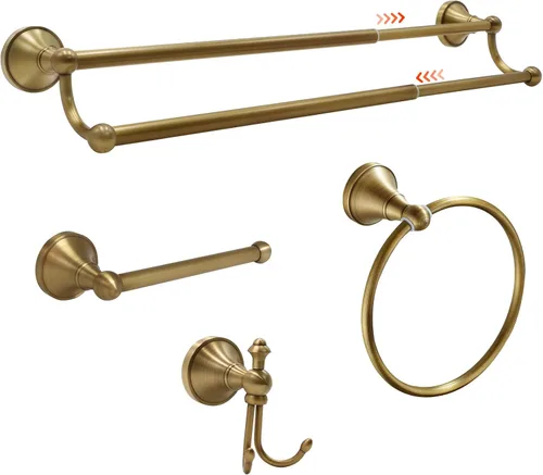 Juego de 4 accesorios de baño de latón antiguo, toallero de latón macizo de 16 a 27.7 pulgadas, toallero vintage doble, accesorios de baño dorados