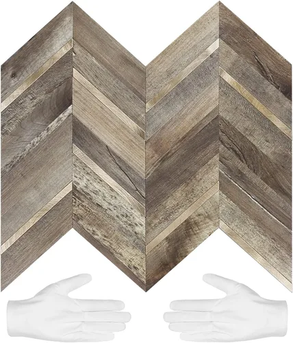 Miniatura 13 de STICKGOO 10 hojas de azulejos en espiga para despegar y pegar, mármol Calacatta mezclado con PVC dorado claro para salpicaderos, azulejos de pared
