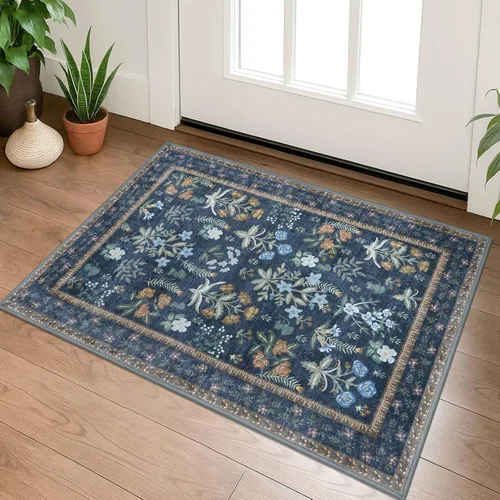 Miniatura 53 de Lansny Alfombra bohemia de 2 x 3 pulgadas, lavable, color negro, azul marino, floral, alfombra de cocina, alfombra de área pequeña de lana