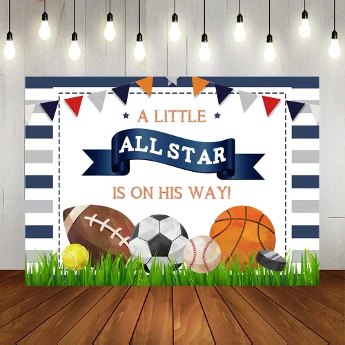 Lofaris A Little All Star is On His Way - Telón de fondo para baby shower, niños, deportes, cumpleaños, fútbol, baloncesto, tenis, golf, recién