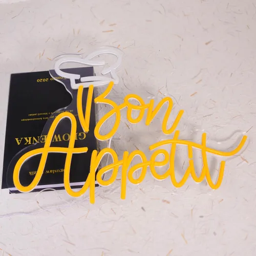 Miniatura 4 de Bon Appetit - Letrero LED con sombrero de chef, letras doradas, luces de neón para restaurante, estilo francés, neón regulable, LED, "16.5 x 12.6