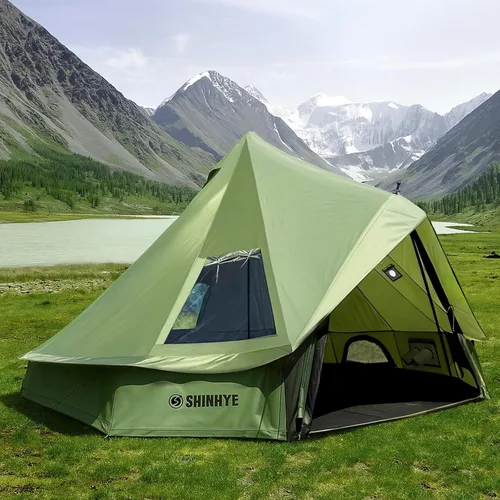 Miniatura 12 de Tienda de campaña Bell Yurt con gato de estufa, tienda de campaña de lujo impermeable para 4 estaciones, tela Oxford 420D, tiendas de campaña verde