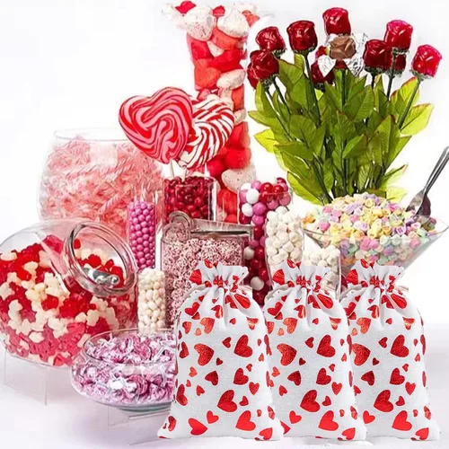 Miniatura 6 de eyigylyo Bolsa de arpillera de corazón para el día de San Valentín con cordón, 12 bolsas de dulces de San Valentín, bolsas de joyería para el día
