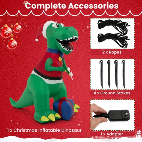 Miniatura 8 de GOFLAME Dinosaurio inflable de Navidad de 6 pies con regalo, decoración de Navidad inflable con luces LED, soplador impermeable, decoración inflable
