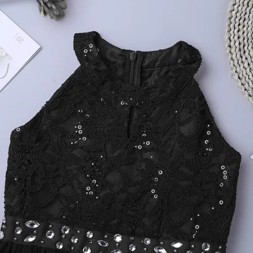 Miniatura 5 de Daenrui Vestido largo de encaje floral para niñas y niñas, con cuello halter, para baile de boda, fiesta de baile