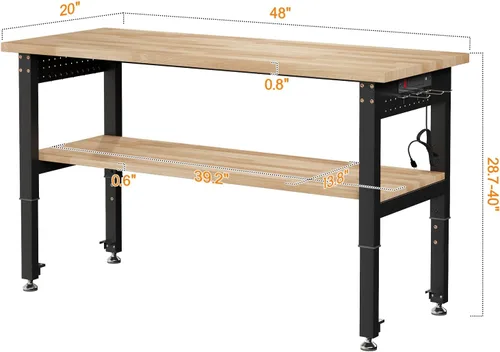 Miniatura 2 de SPECRAFT Banco de trabajo ajustable de 2 niveles de 48 x 20 pulgadas con 4 salidas de CA y 2 puertos USB, banco de trabajo resistente de capacidad