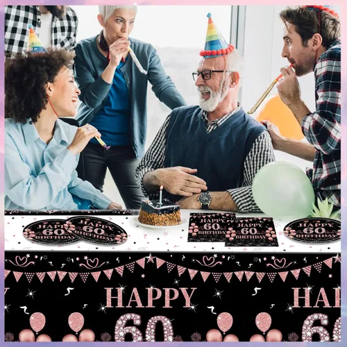 Miniatura 6 de 41 piezas de decoraciones de 60 cumpleaños para mujeres, juego de vajilla de fiesta de 60 años, platos, servilletas, mantel, suministro de fiesta