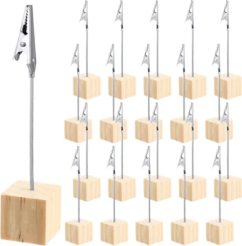Miniatura 18 de Gersoniel 20 Piezas Soporte de Clip para Notas Base Cúbica con Clip de Cocodrilo Soporte de Números de Mesa de Madera Base Cúbica Soporte para Negro