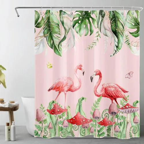 Miniatura 9 de Juego de cortinas de ducha de flamenco rosa, hoja verde salvia con hongo rojo, cortina de ducha para baño, cortina de ducha tropical de hoja