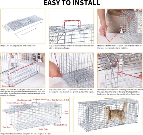 Miniatura 3 de Trampas plegables de 32" para animales vivos, trampa humana para animales para gatos callejeros de hasta 16.5 libras, mapaches, ardillas, zorrillos