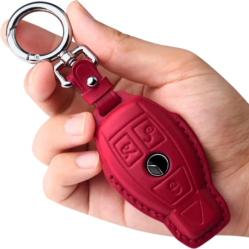 Miniatura 6 de Tukellen Funda para llavero Mercedes Benz de piel auténtica con llavero, protector de cuero compatible con C E M S CLS CLK GLK GLC G AMG Series Negro