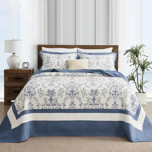 Miniatura 2 de PANGUSHAN Colcha de gran tamaño de 102 x 120 pulgadas, 100% algodón, reversible, medallón floral, granja, XL, juego de ropa de cama de gran