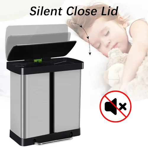Miniatura 5 de Basurero de cocina de acero inoxidable de 16 galones/60 litros con tapa y doble barril, cubo de basura clasificado de alta capacidad para reciclaje