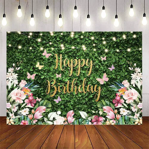 Avezano Greenery - Telón de fondo de feliz cumpleaños con flores y césped verde para pared, para mujeres y niñas, fiesta de cumpleaños, fotografía