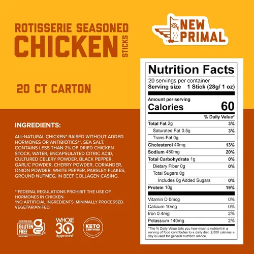Miniatura 2 de New Primal Palitos de Pollo Rotisserie, Snack Alto en Proteína Sin Azúcar, Snacks Saludables Sin Gluten Whole30, Apto para Keto y Paleo, Palito
