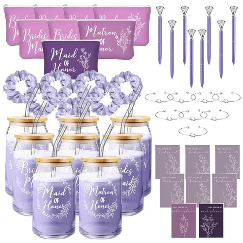 Miniatura 11 de Irenare Juego de 8 piezas de 48 piezas de regalos de dama de honor, regalos de dama de honor, vasos de vidrio de 16 onzas, bolsas de maquillaje
