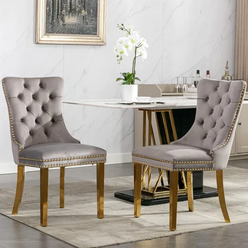 Miniatura 15 de Juego de 2 sillas de comedor de terciopelo, sillas decorativas tapizadas con patas de metal plateado, ribete de cabeza de clavo, tirador de anillo