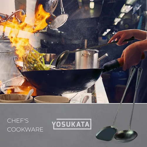 Miniatura 8 de YOSUKATA Juego de utensilios para wok pre-sazonados, espátula de acero al carbono azul de 17 pulgadas, cucharón de wok, 3 pares de palillos