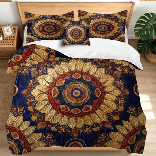 Miniatura 21 de Juego de funda de edredón bohemio de microfibra individual, juego de ropa de cama floral de retazos artesanales, estilo rústico moderno