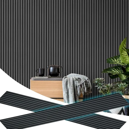 Miniatura 2 de 2 paneles acústicos de listones de madera para una decoración elegante y reducción de ruido, panel texturizado 3D para techo y pared, roble negro