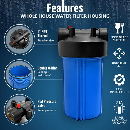Miniatura 2 de Sistema purificador de filtro para toda la casa de 10 x 4.5 pulgadas de alta capacidad para agua de pozos o ciudades, botón de alivio de Azul