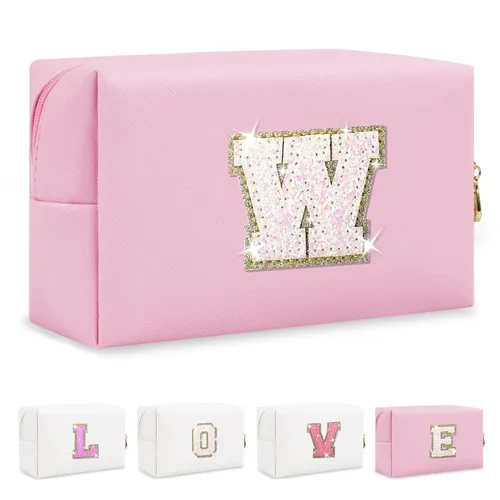 Miniatura 64 de Pequeña bolsa de maquillaje personalizada con inicial A-Z Preppy Patch, bolsa de cosméticos de viaje de felpilla blanca con cremallera, bonita bolsa