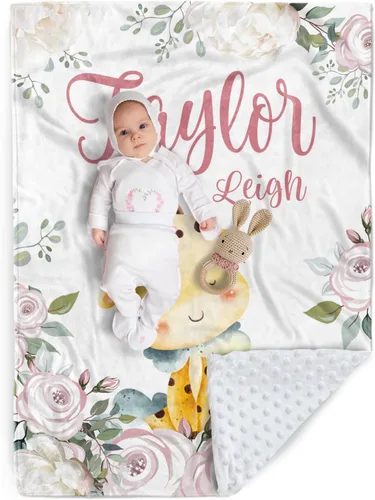 Miniatura 16 de Manta de bebé personalizada, manta de felpa suave con respaldo de puntos de doble capa para niños y niñas, nombre personalizado con diseño de animal
