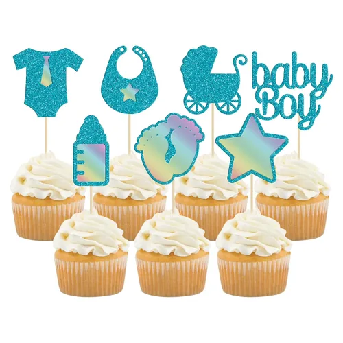 Gyufise 28 piezas de decoración para cupcakes para baby shower de niño, estrella con purpurina azul, con estampado de pezón para bebé, niño, Oro