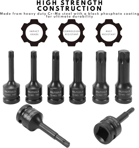 Miniatura 5 de BILITOOLS Juego de 8 piezas de llaves de impacto con puntas Torx de 1/2 pulgada, T30-T80, acero Cr-Mo