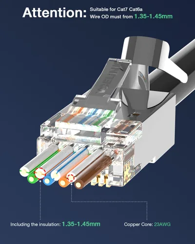 Miniatura 7 de VCELINK Conector CAT6A, conectores RJ45 pasan a través de CAT6A CAT7 blindado, chapado en oro de 3 clavijas con certificación UL, conector CAT7