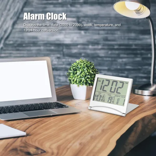 Miniatura 4 de Reloj electrónico compacto con alarma plegable, fácil de leer, reloj atómico de escritorio, ajuste automático, pantalla de reloj despertador digital