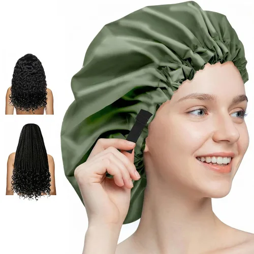 Miniatura 13 de Aquior Gorro de ducha para mujer, extra ajustable, doble capa, impermeable, reutilizable, gorra de pelo de tamaño grande para todo el cabello