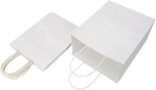 Miniatura 4 de Oikss Paquete de 100 bolsas de papel kraft blancas medianas de 8 x 4.75 x 10 pulgadas con asas a granel para favores de fiestas de cumpleaños, Blanco