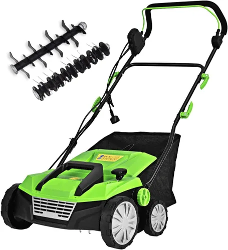 Miniatura 11 de Goplus Desbrozador y escarificador de césped 2 en 1, desbrozadora ajustable de 3 niveles de profundidad con bolsa de recolección de 11 galones y 2