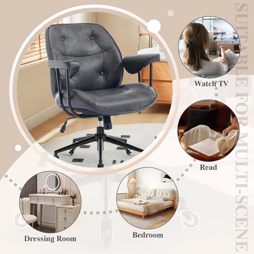 Miniatura 9 de Silla de escritorio de oficina en casa, silla retro de piel sintética con soporte lumbar y ruedas de goma, silla ergonómica de computadora