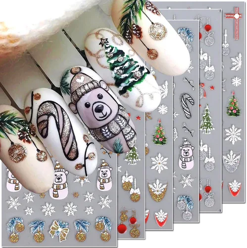 Miniatura 10 de 10 calcomanías de uñas de Navidad de invierno para mujeres, dibujos animados 3D, alce, muñeco de nieve, campanas de Papá Noel, copo de nieve