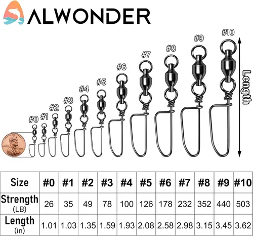 Miniatura 6 de Alwonder Paquete de 20 rodamientos de bolas giratorios con broches de presión, broches de pesca, giratorios de agua salada, aparejos de pesca