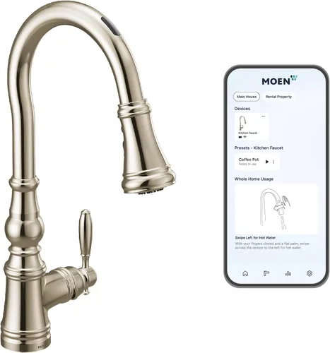 Miniatura 35 de Moen WeymouthBrushed Gold S73104BG - Grifo de cocina con resorte de preenjuague de un mango con refuerzo de potencia para una limpieza más rápida