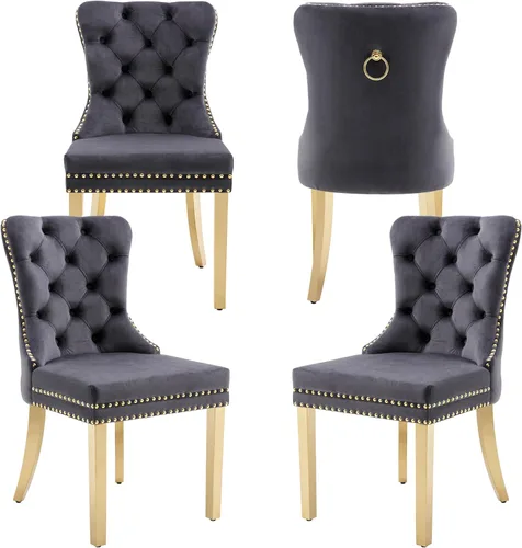 Miniatura 14 de Sillas de Comedor de Terciopelo Juego de 4, Colección Nikki Sillas de Comedor con Patas de Acero Inoxidable Plateado y Anilla, Silla Lateral de Lujo