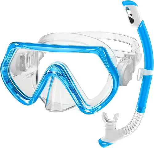 2 juegos de equipo de esnórquel para niños de 3 a 14 años, antivaho 180° Clear View Dry Top Snorkel Set, máscara de natación con cubierta nasal y