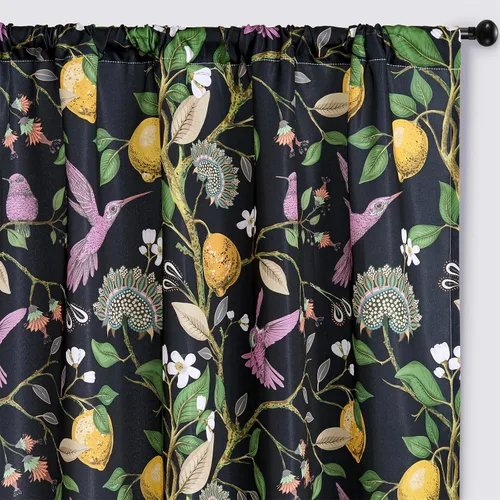 RoomTalks Cortinas de limón negro Moody para dormitorio, sala de estar, 63 pulgadas de largo, 2 paneles semi opacas, paneles de cortina vintage con