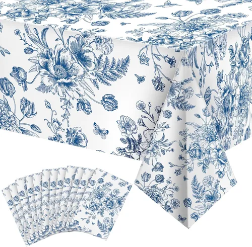 Miniatura 8 de Tiamon 1 mantel de plástico floral azul de 54 x 108 pulgadas, mantel rectangular vintage desechable con flores azules azul marino y blanco