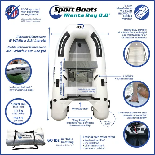 Miniatura 2 de Manta Ray 8.8' - Modelo SB-270 - Bote de aluminio soldado con calor premium con bolsa de asiento Suelo duro de aluminio rígido Bote inflable