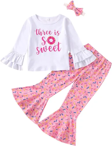 Miniatura 45 de Conjunto de ropa de cumpleaños para bebé niña pequeña, camiseta de manga larga, pantalones de campana, diadema