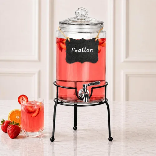 Dispensador de bebidas de 1 galón, 1 paquete, dispensador de bebidas de espita de acero inoxidable para fiestas con soporte, recipiente de vidrio