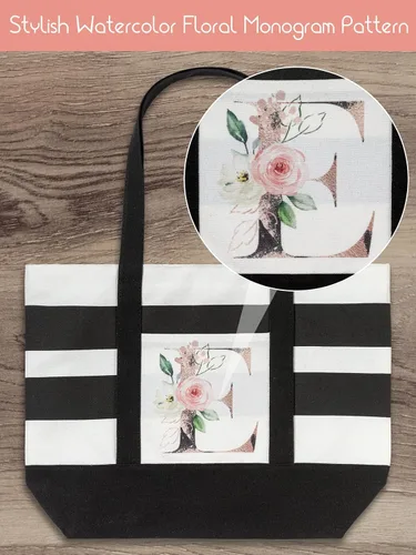 Miniatura 6 de PARBEE Bolso tote de lona con iniciales, diseño de rayas y flores, con cremallera superior, bolsas de playa grandes con monograma de regalo