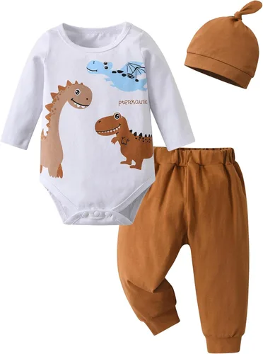 Miniatura 78 de Conjunto de 3 piezas de ropa de bebé recién nacido con estampado de manga larga + pantalones + sombrero