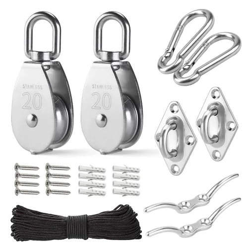 Miniatura 9 de LAIWOO M15 Kit de Sistema de Poleas de Acero Inoxidable - Rueda de Polea de Servicio Pesado, Bloque de Polea con Cuerda de Nylon, Ganchos, Placa